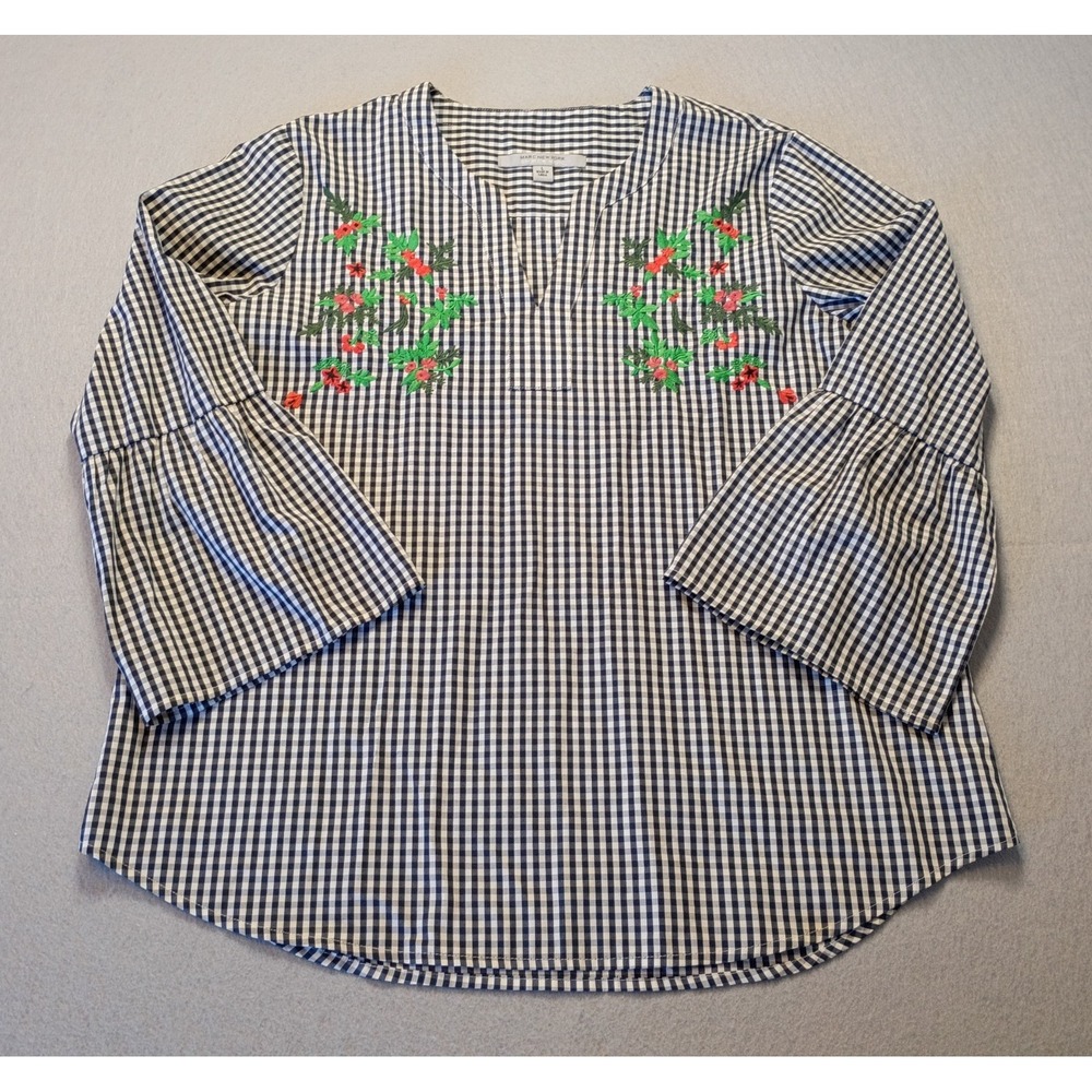 Marc New York Gingham Holiday Christmas Blouse Bell Sleeves Embroidered‎ Size L